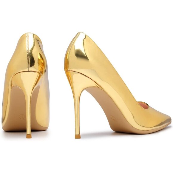 Women Gold Polyurethane (PU) Closed Pointed Toe Stiletto High Heel Shoes Pumps - Picture 6 of 7